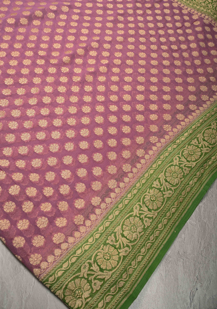Dusty Pink Banarasi Georgette Silk Saree with Floral Buttas and Contrast Zari Border | SILK MARK CERTIFIED | SHOBITAM