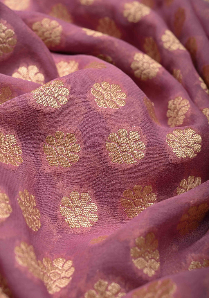 Dusty Pink Banarasi Georgette Silk Saree with Floral Buttas and Contrast Zari Border | SILK MARK CERTIFIED | SHOBITAM