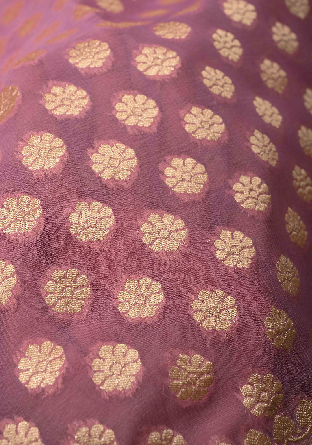 Dusty Pink Banarasi Georgette Silk Saree with Floral Buttas and Contrast Zari Border | SILK MARK CERTIFIED | SHOBITAM