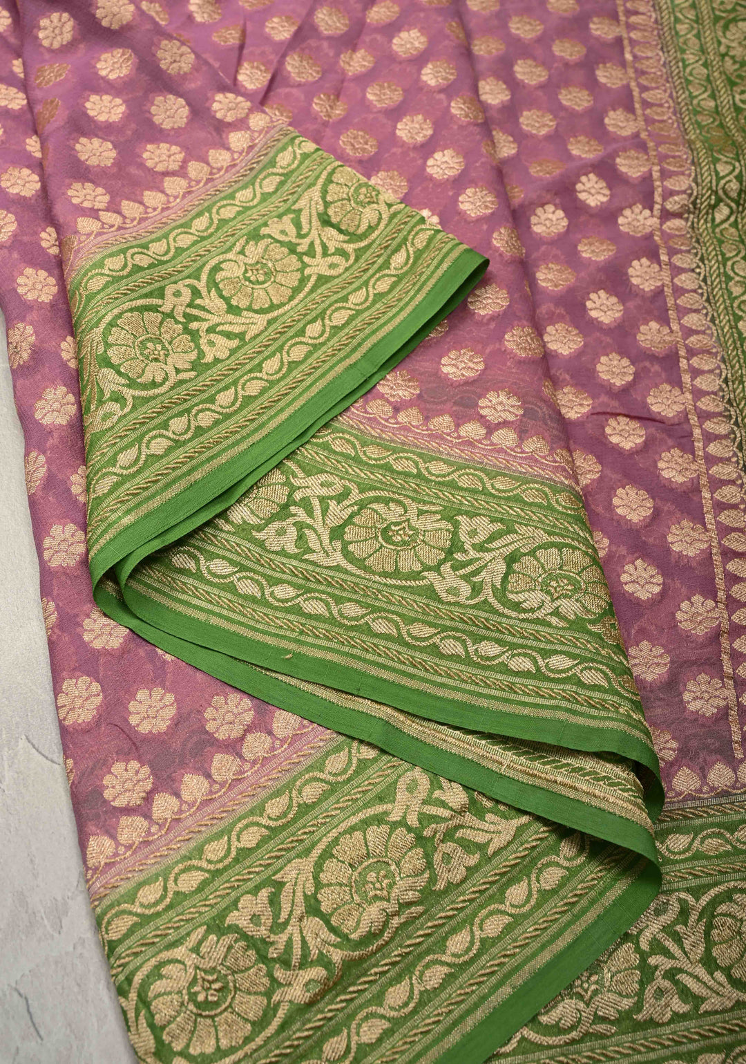 Dusty Pink Banarasi Georgette Silk Saree with Floral Buttas and Contrast Zari Border | SILK MARK CERTIFIED | SHOBITAM