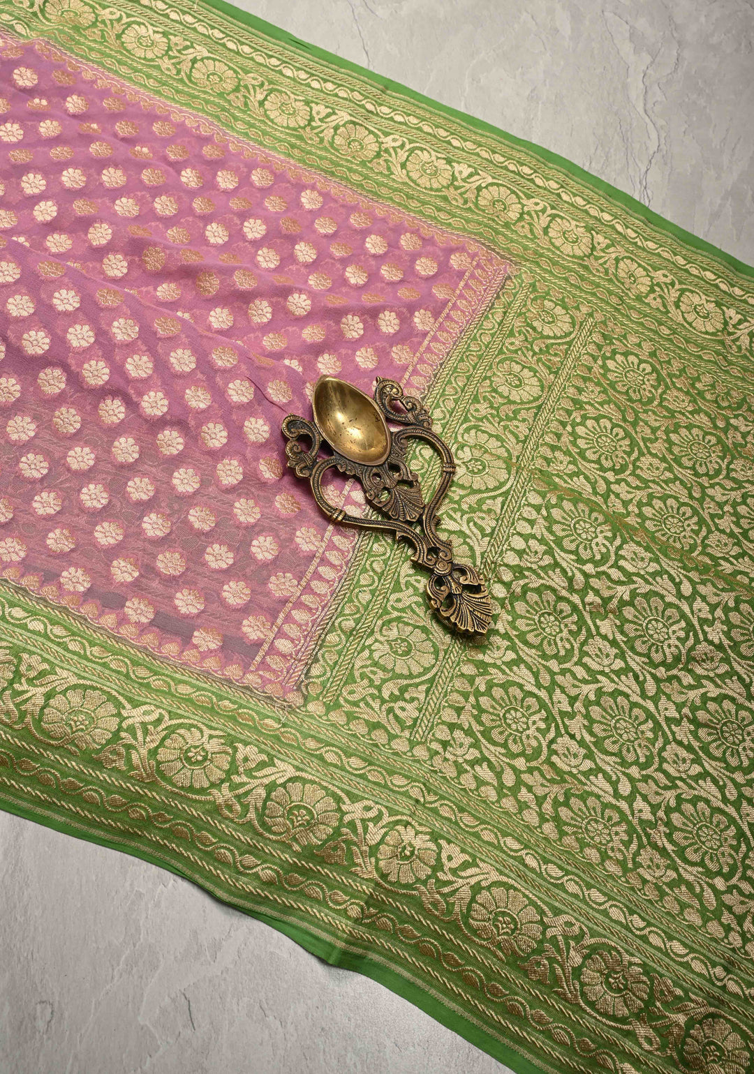 Dusty Pink Banarasi Georgette Silk Saree with Floral Buttas and Contrast Zari Border | SILK MARK CERTIFIED | SHOBITAM