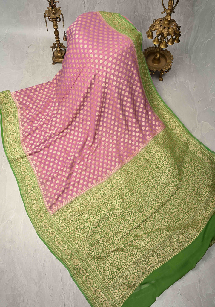 Dusty Pink Banarasi Georgette Silk Saree with Floral Buttas and Contrast Zari Border | SILK MARK CERTIFIED | SHOBITAM