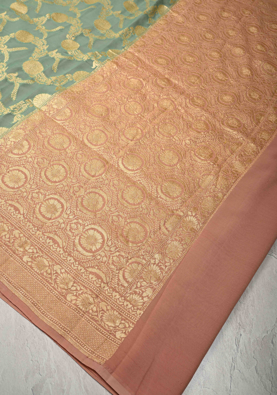 Mint Green Banarasi Georgette Silk Saree with Floral Jaal and Contrast Zari Border | SILK MARK CERTIFIED