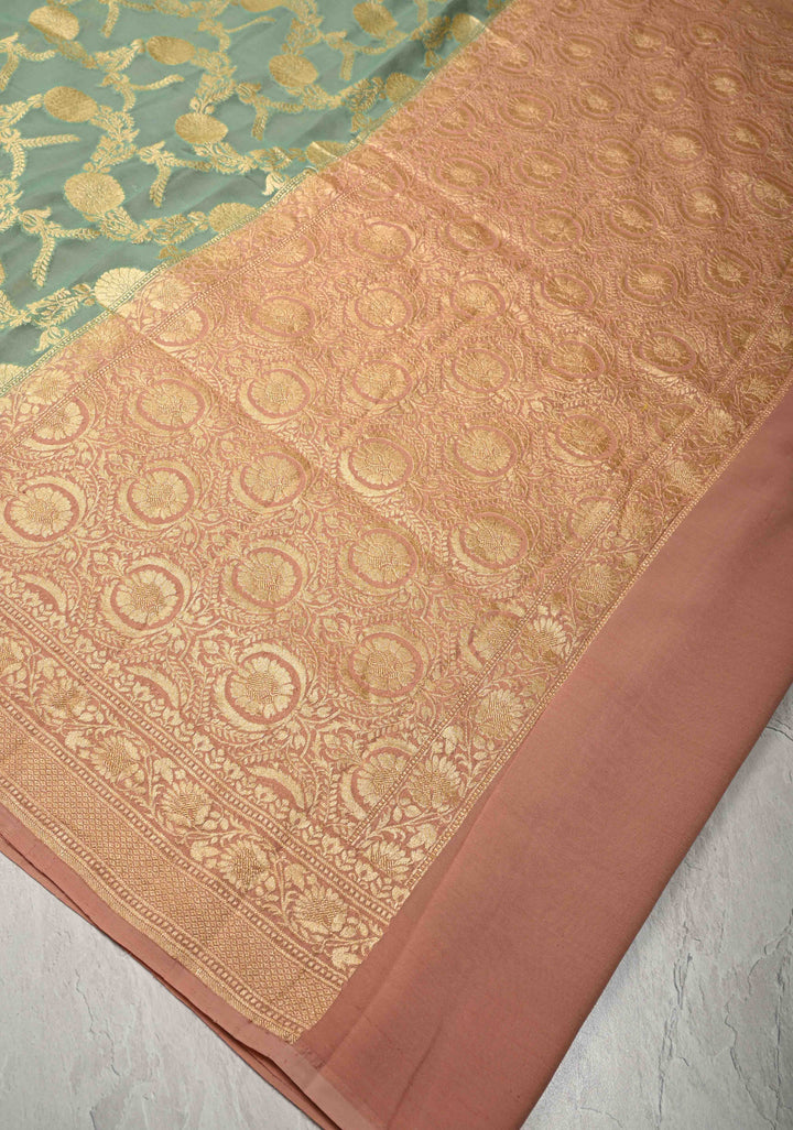 Mint Green Banarasi Georgette Silk Saree with Floral Jaal and Contrast Zari Border | SILK MARK CERTIFIED
