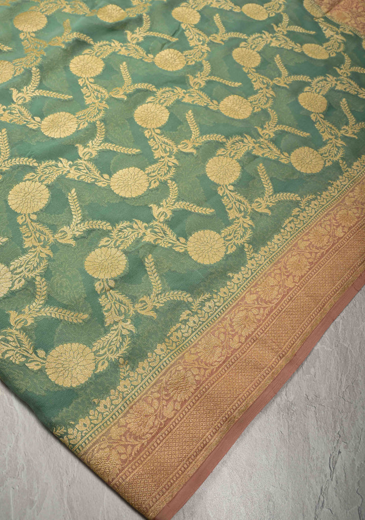 Mint Green Banarasi Georgette Silk Saree with Floral Jaal and Contrast Zari Border | SILK MARK CERTIFIED