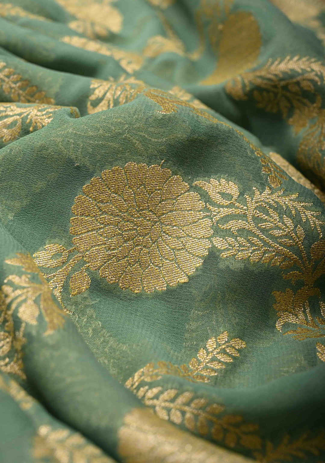 Mint Green Banarasi Georgette Silk Saree with Floral Jaal and Contrast Zari Border | SILK MARK CERTIFIED