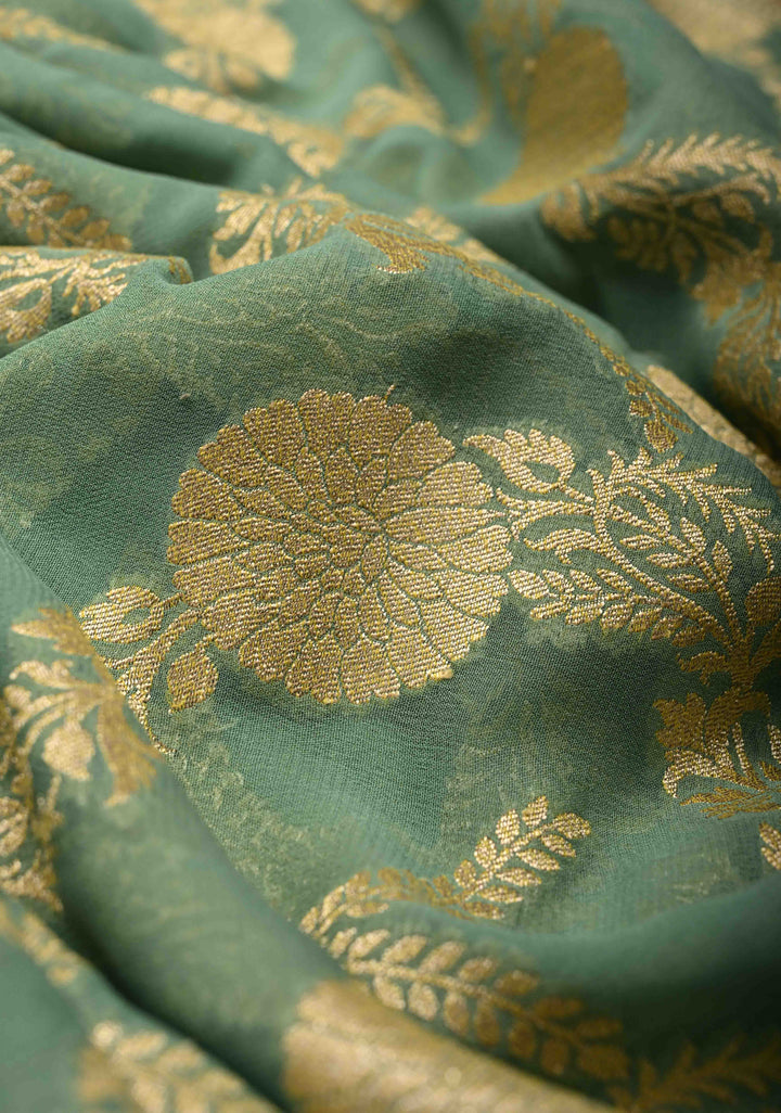 Mint Green Banarasi Georgette Silk Saree with Floral Jaal and Contrast Zari Border | SILK MARK CERTIFIED