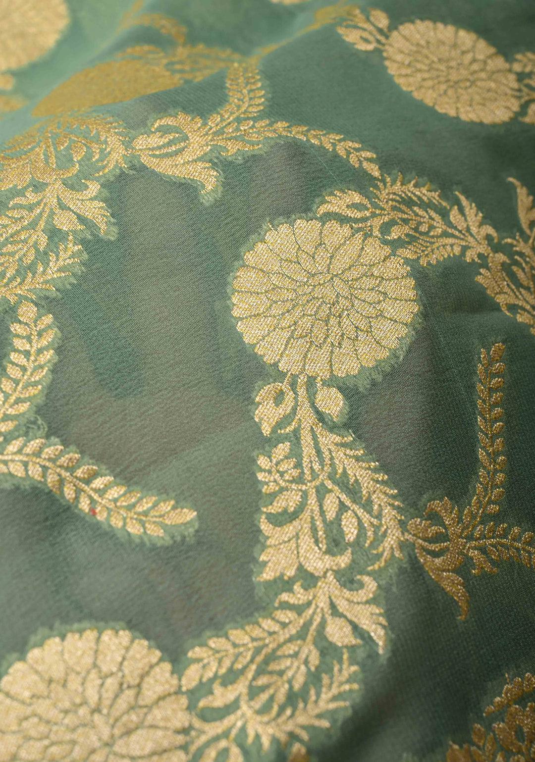 Mint Green Banarasi Georgette Silk Saree with Floral Jaal and Contrast Zari Border | SILK MARK CERTIFIED