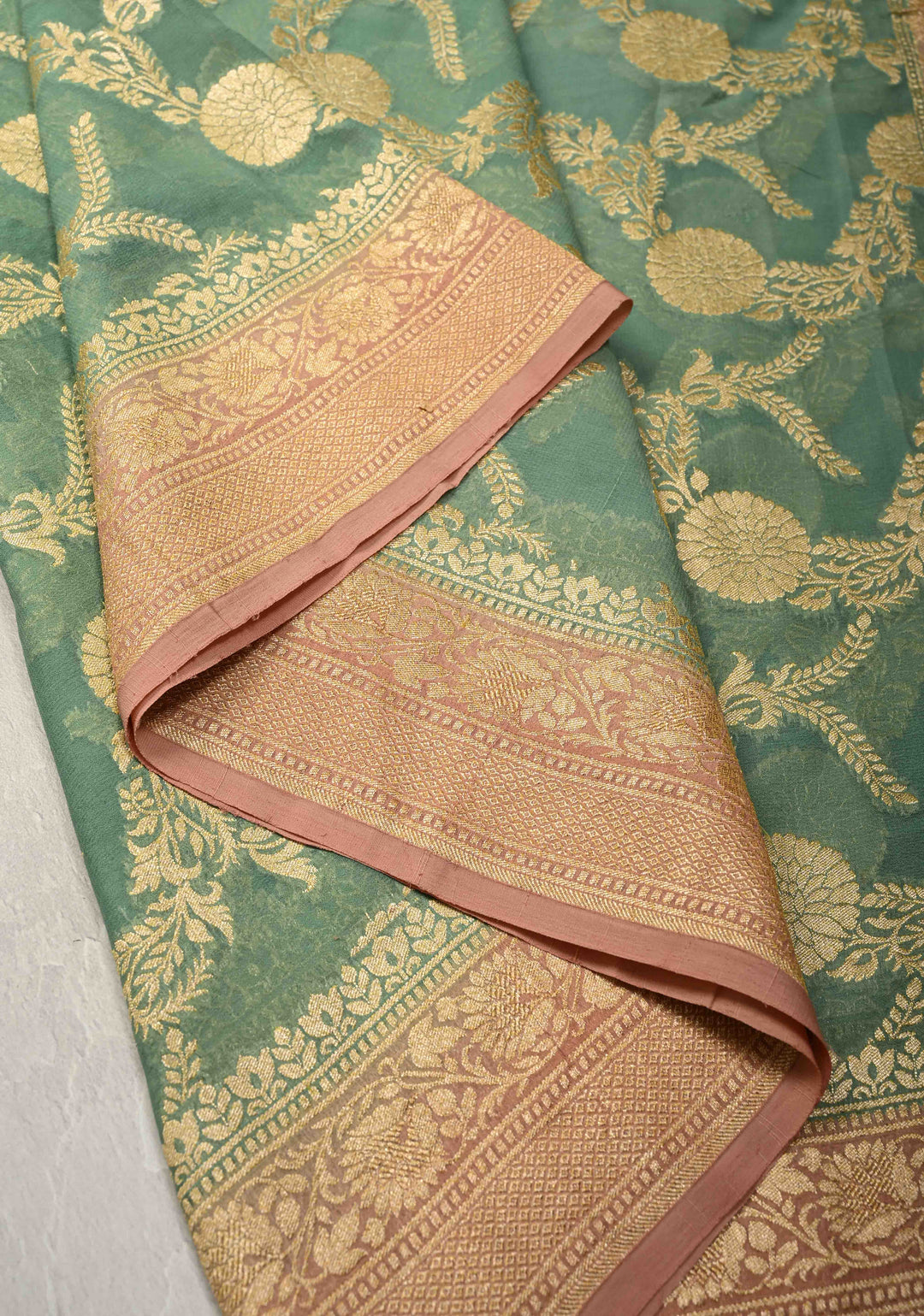 Mint Green Banarasi Georgette Silk Saree with Floral Jaal and Contrast Zari Border | SILK MARK CERTIFIED