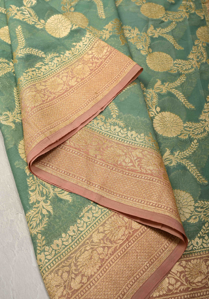 Mint Green Banarasi Georgette Silk Saree with Floral Jaal and Contrast Zari Border | SILK MARK CERTIFIED