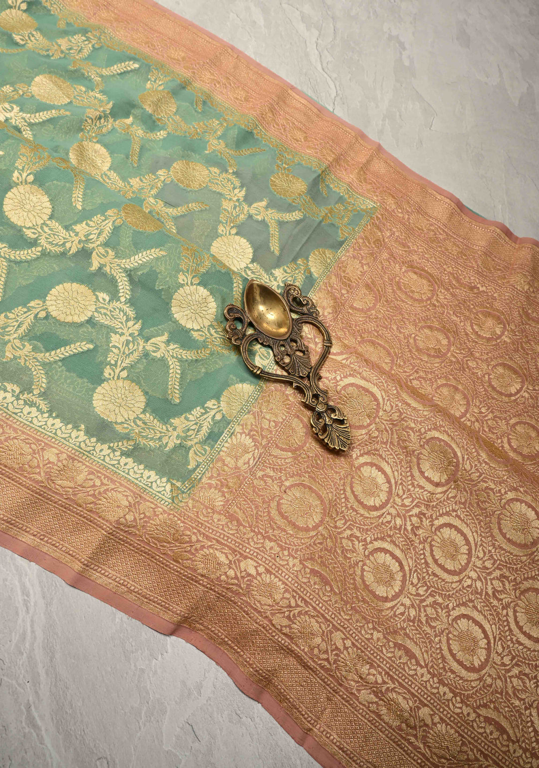 Mint Green Banarasi Georgette Silk Saree with Floral Jaal and Contrast Zari Border | SILK MARK CERTIFIED