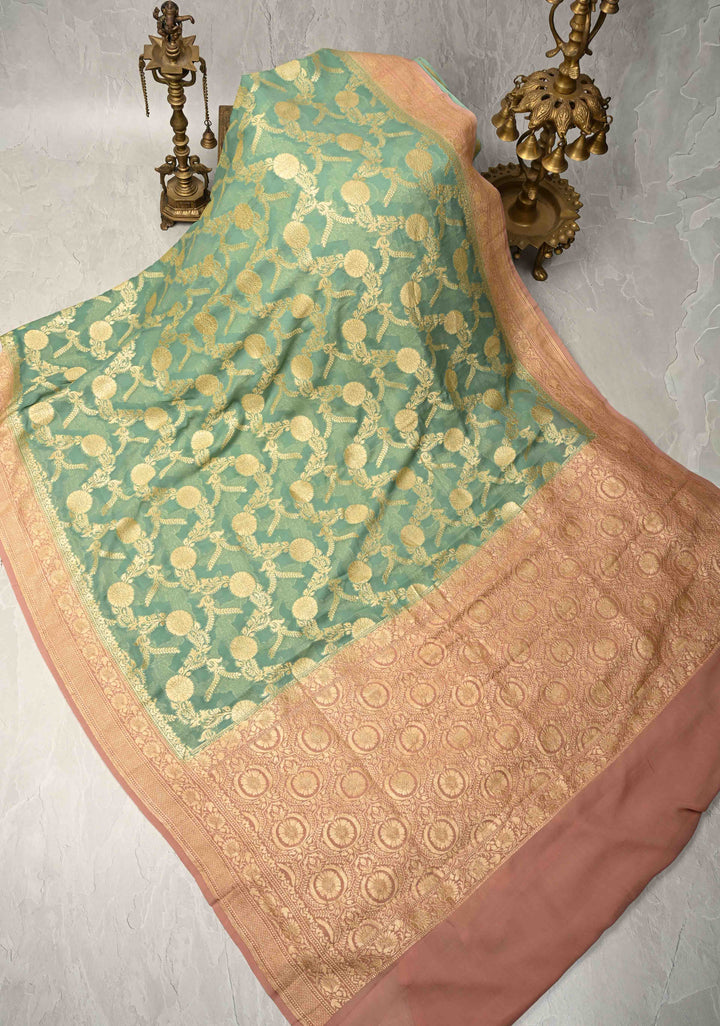 Mint Green Banarasi Georgette Silk Saree with Floral Jaal and Contrast Zari Border | SILK MARK CERTIFIED