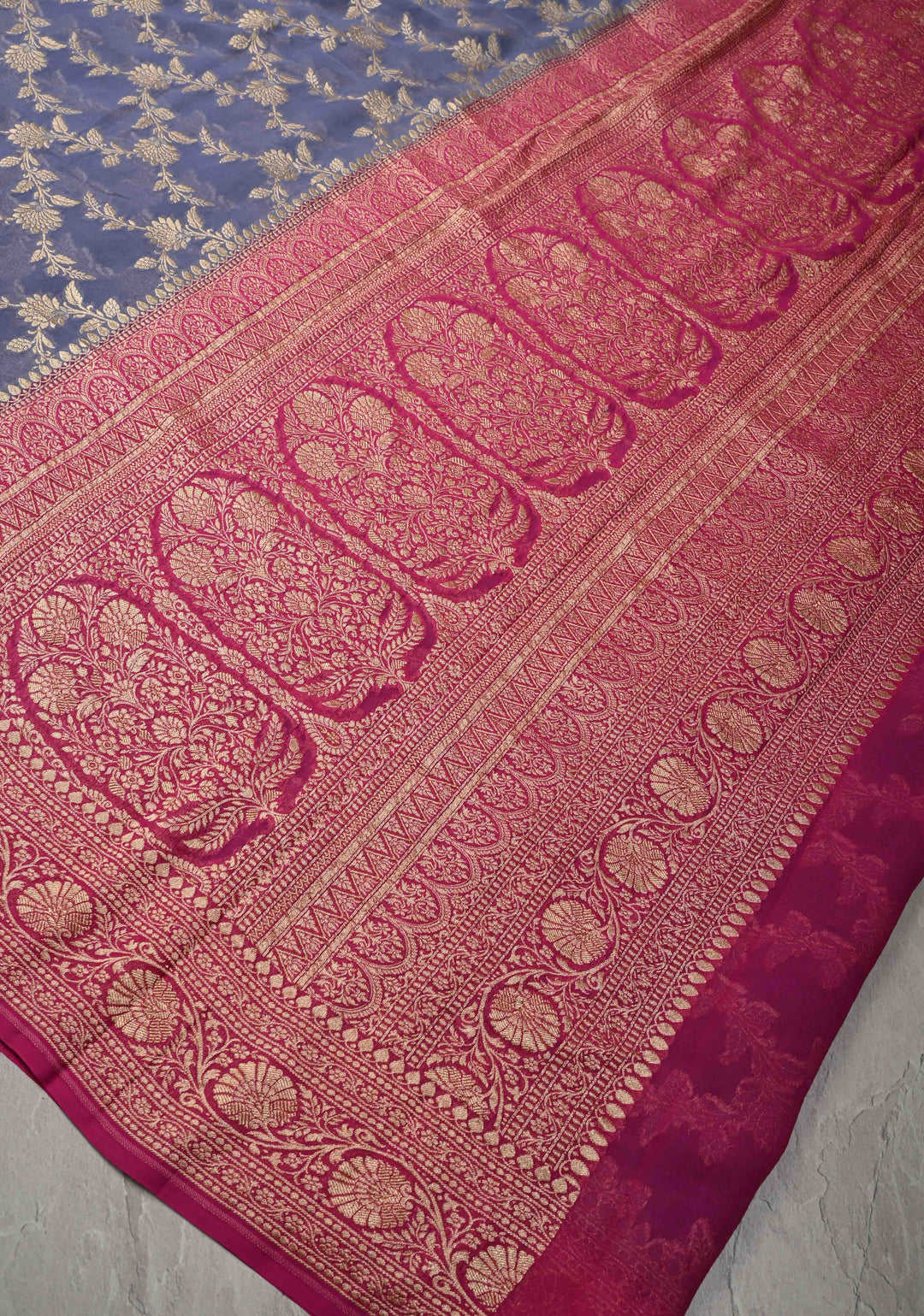 Lilac Banarasi Georgette Silk Saree with Floral Jaal and Contrast Zari Border | SILK MARK CERTIFIED