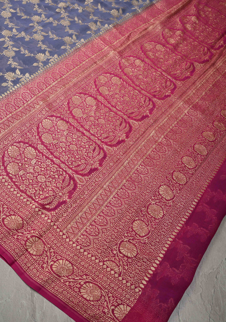 Lilac Banarasi Georgette Silk Saree with Floral Jaal and Contrast Zari Border | SILK MARK CERTIFIED