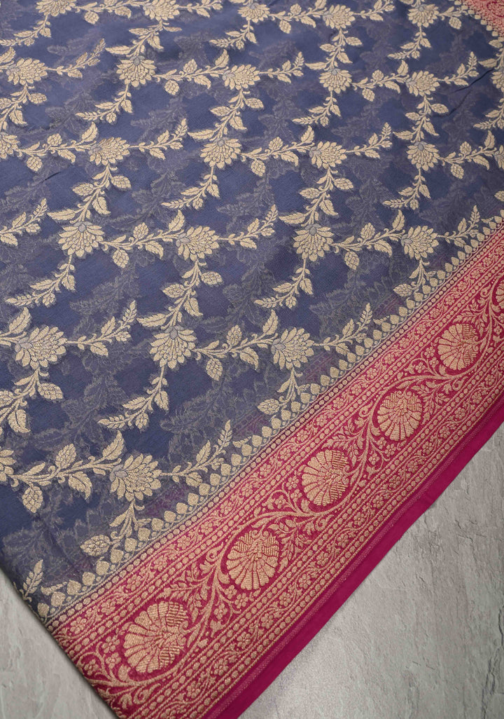 Lilac Banarasi Georgette Silk Saree with Floral Jaal and Contrast Zari Border | SILK MARK CERTIFIED