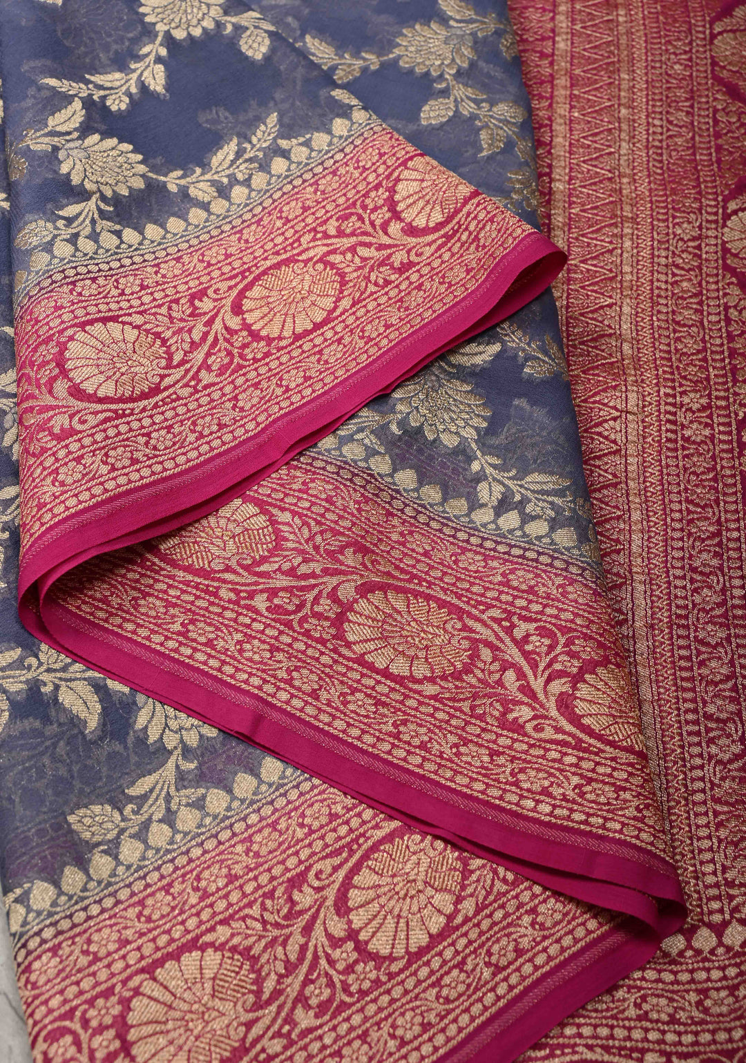 Lilac Banarasi Georgette Silk Saree with Floral Jaal and Contrast Zari Border | SILK MARK CERTIFIED