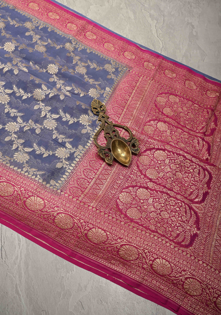 Lilac Banarasi Georgette Silk Saree with Floral Jaal and Contrast Zari Border | SILK MARK CERTIFIED