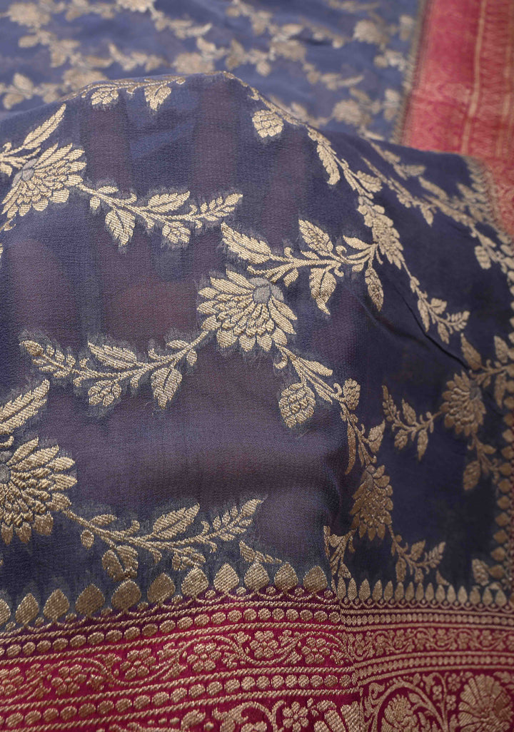 Lilac Banarasi Georgette Silk Saree with Floral Jaal and Contrast Zari Border | SILK MARK CERTIFIED