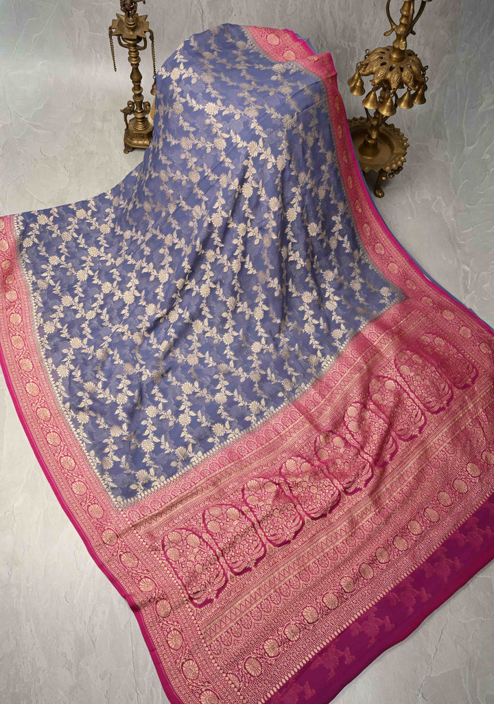 Lilac Banarasi Georgette Silk Saree with Floral Jaal and Contrast Zari Border | SILK MARK CERTIFIED