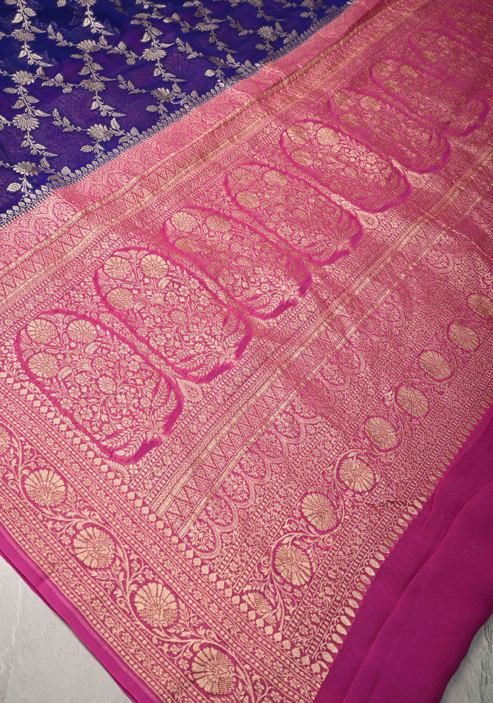Navy Blue Banarasi Georgette Silk Saree with Floral Jaal and Contrast Zari Border | SILK MARK CERTIFIED