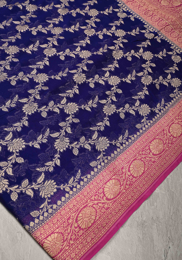 Navy Blue Banarasi Georgette Silk Saree with Floral Jaal and Contrast Zari Border | SILK MARK CERTIFIED