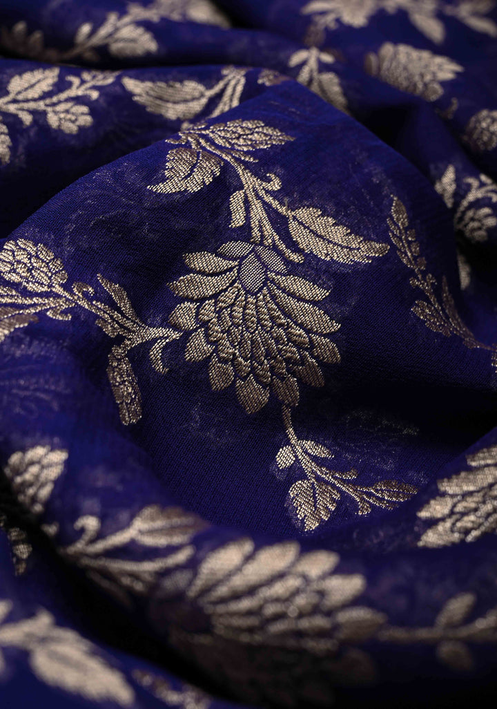 Navy Blue Banarasi Georgette Silk Saree with Floral Jaal and Contrast Zari Border | SILK MARK CERTIFIED