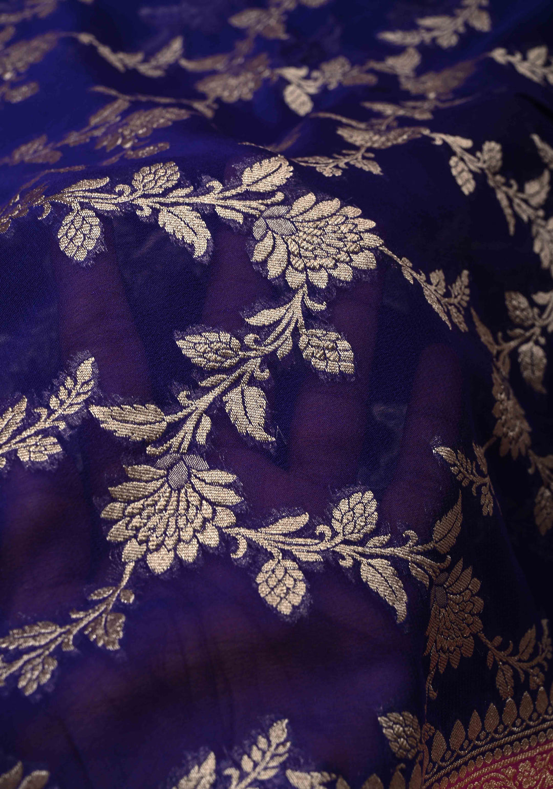 Navy Blue Banarasi Georgette Silk Saree with Floral Jaal and Contrast Zari Border | SILK MARK CERTIFIED