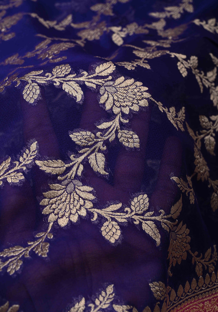 Navy Blue Banarasi Georgette Silk Saree with Floral Jaal and Contrast Zari Border | SILK MARK CERTIFIED