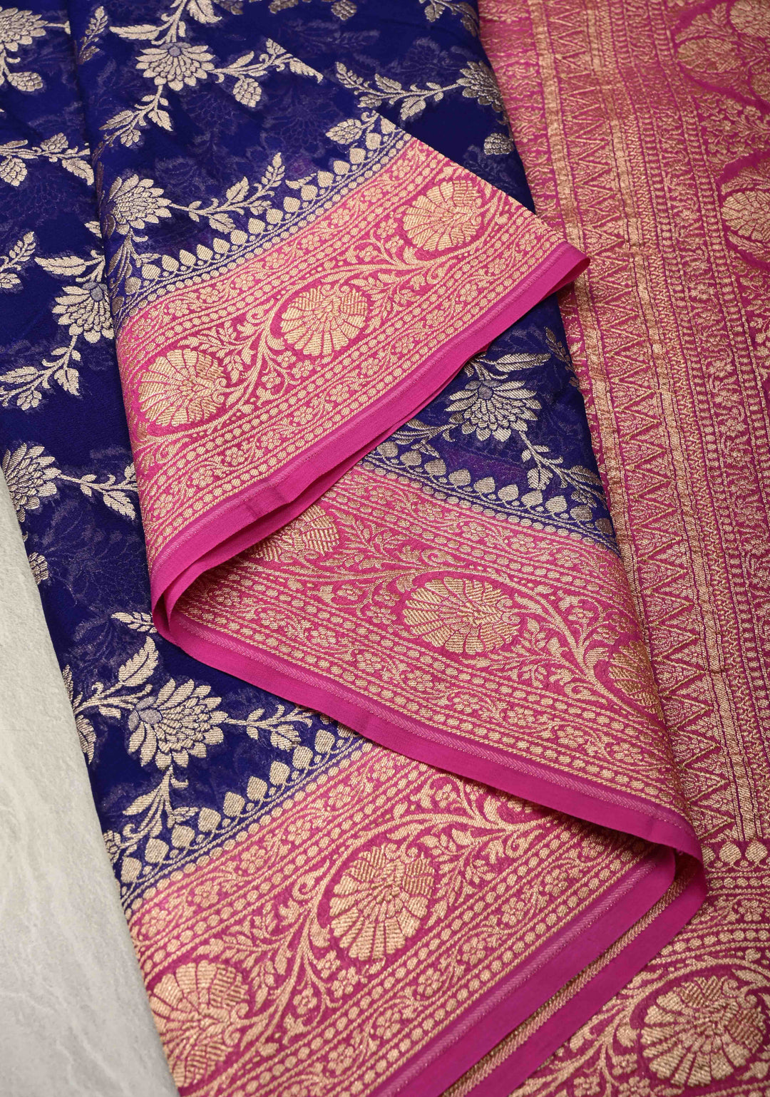 Navy Blue Banarasi Georgette Silk Saree with Floral Jaal and Contrast Zari Border | SILK MARK CERTIFIED