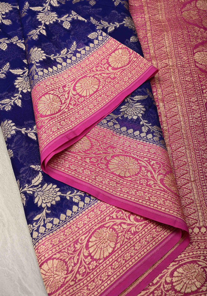 Navy Blue Banarasi Georgette Silk Saree with Floral Jaal and Contrast Zari Border | SILK MARK CERTIFIED