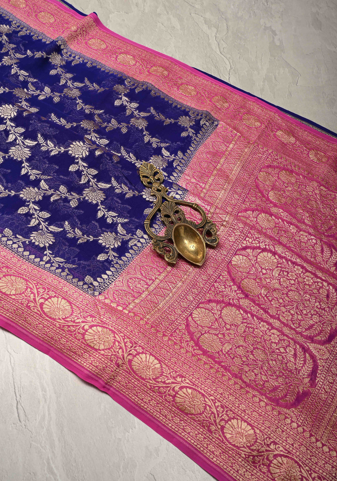 Navy Blue Banarasi Georgette Silk Saree with Floral Jaal and Contrast Zari Border | SILK MARK CERTIFIED