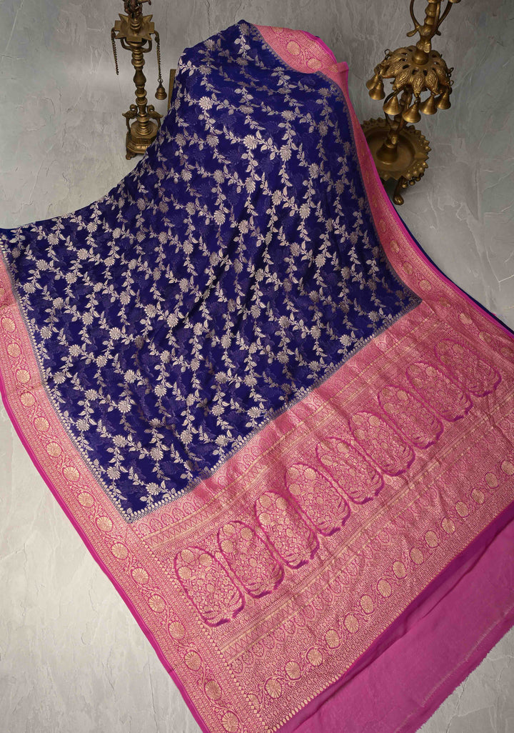 Navy Blue Banarasi Georgette Silk Saree with Floral Jaal and Contrast Zari Border | SILK MARK CERTIFIED