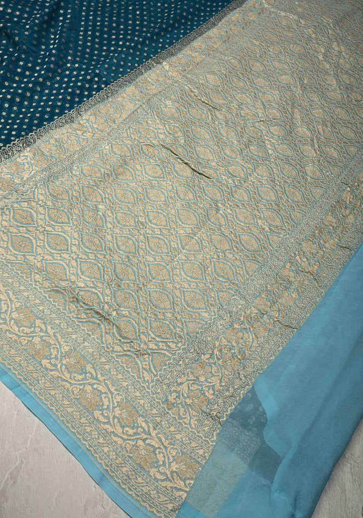 Teal Banarasi Georgette Silk Saree with Polka Dot Brocade and Contrast Zari Border | SILK MARK CERTIFIED