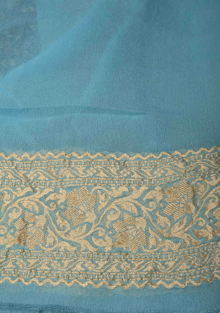 Teal Banarasi Georgette Silk Saree with Polka Dot Brocade and Contrast Zari Border | SILK MARK CERTIFIED