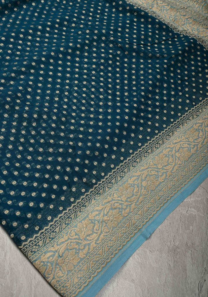 Teal Banarasi Georgette Silk Saree with Polka Dot Brocade and Contrast Zari Border | SILK MARK CERTIFIED