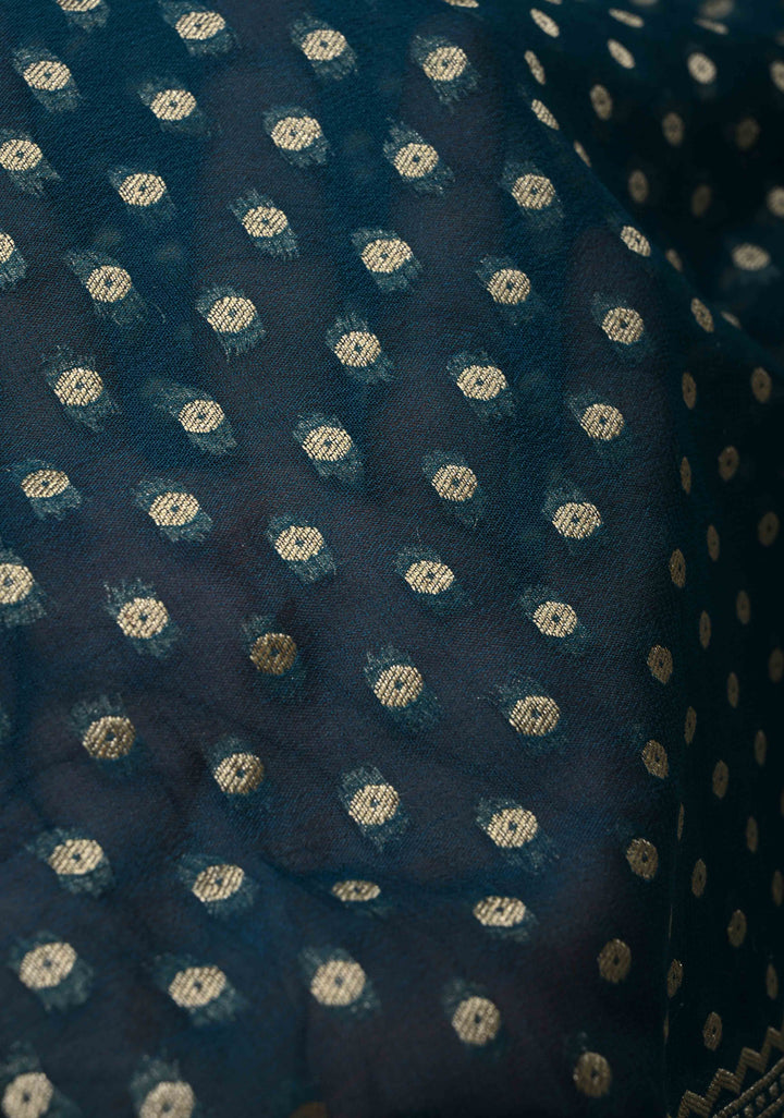 Teal Banarasi Georgette Silk Saree with Polka Dot Brocade and Contrast Zari Border | SILK MARK CERTIFIED