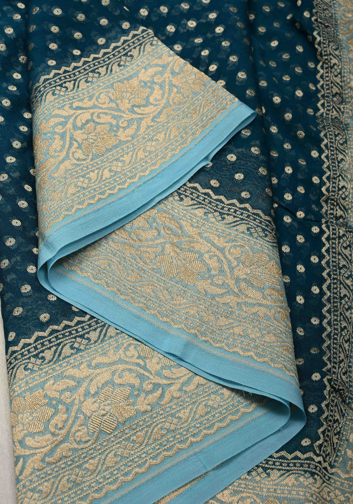 Teal Banarasi Georgette Silk Saree with Polka Dot Brocade and Contrast Zari Border | SILK MARK CERTIFIED