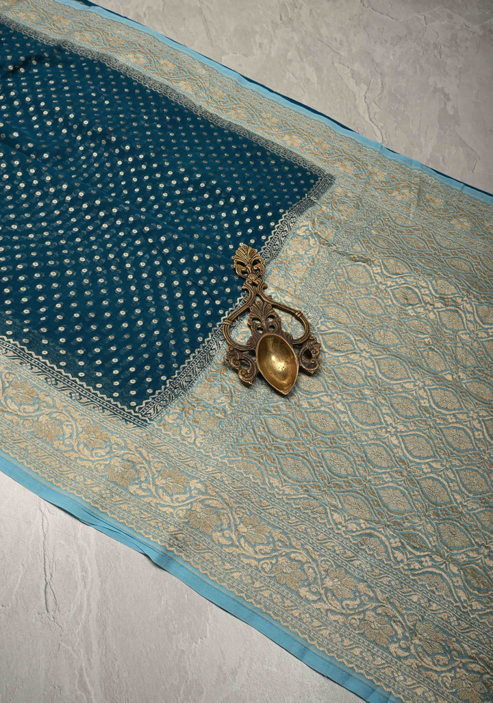 Teal Banarasi Georgette Silk Saree with Polka Dot Brocade and Contrast Zari Border | SILK MARK CERTIFIED