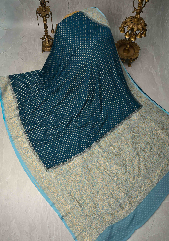 Teal Banarasi Georgette Silk Saree with Polka Dot Brocade and Contrast Zari Border | SILK MARK CERTIFIED