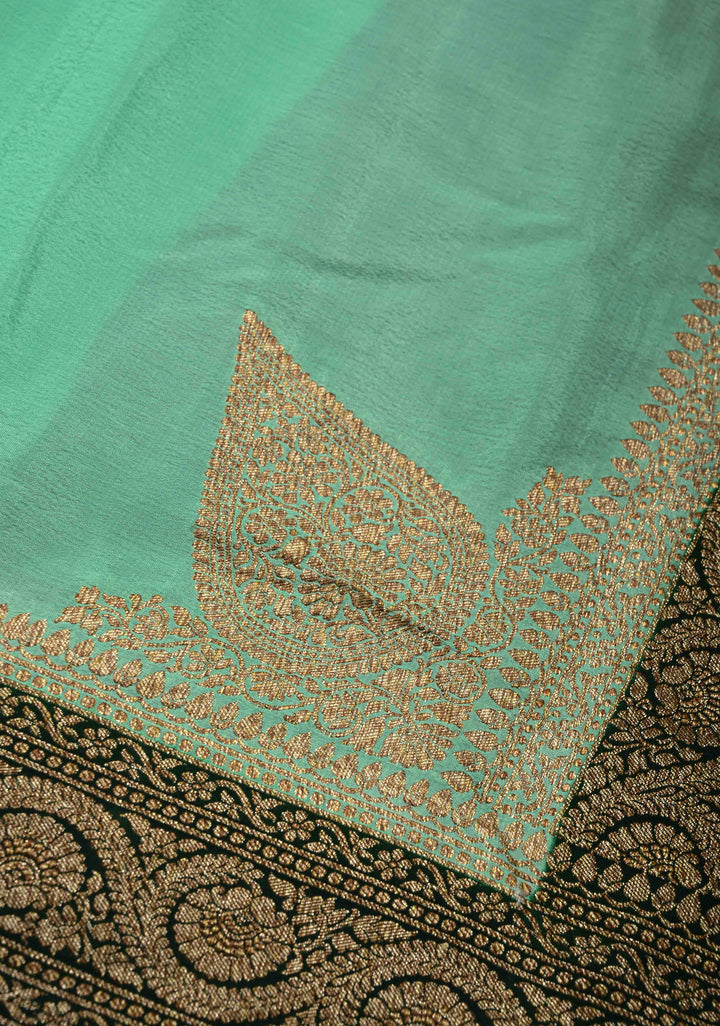 Mint Green Mysore Crepe Silk Saree with Koniya Motifs and Contrast Zari Border | SILK MARK CERTIFIED