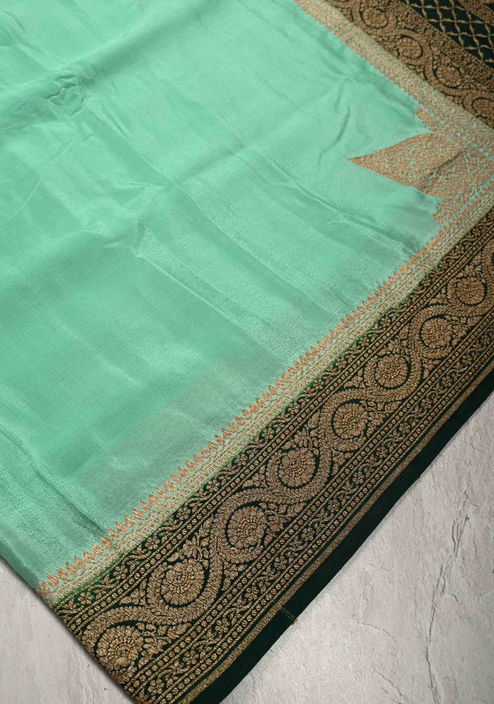 Mint Green Mysore Crepe Silk Saree with Koniya Motifs and Contrast Zari Border | SILK MARK CERTIFIED