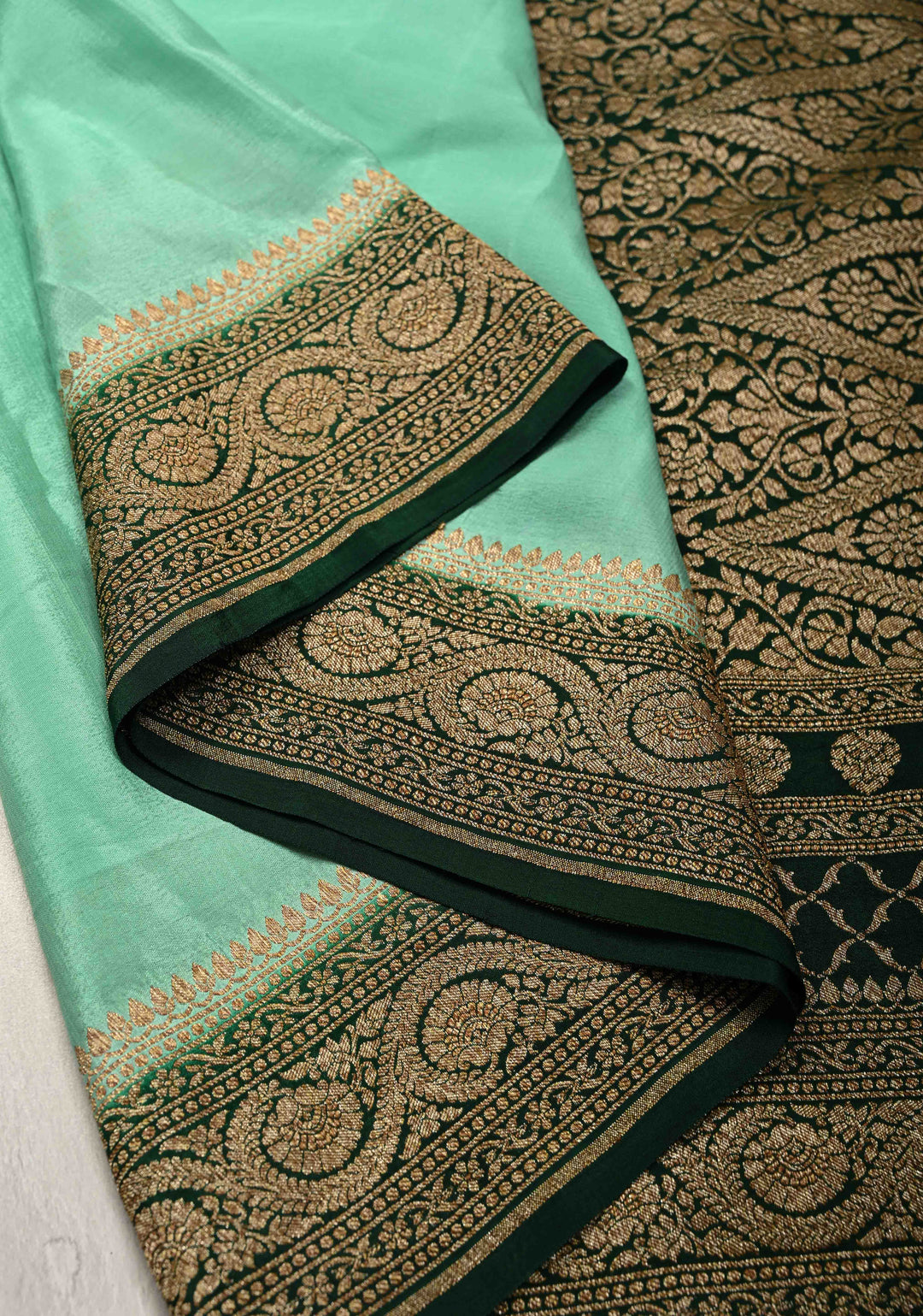 Mint Green Mysore Crepe Silk Saree with Koniya Motifs and Contrast Zari Border | SILK MARK CERTIFIED