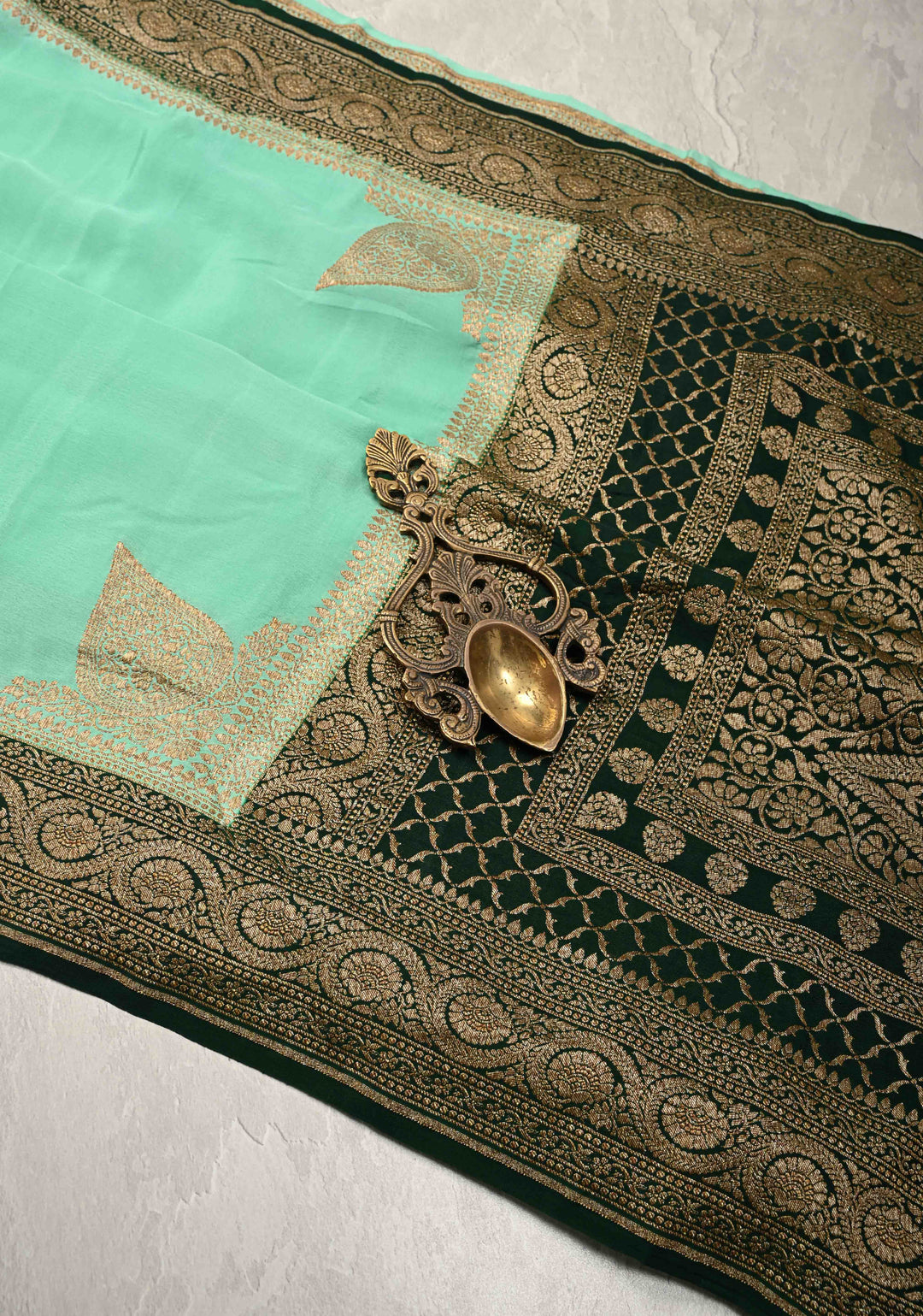 Mint Green Mysore Crepe Silk Saree with Koniya Motifs and Contrast Zari Border | SILK MARK CERTIFIED
