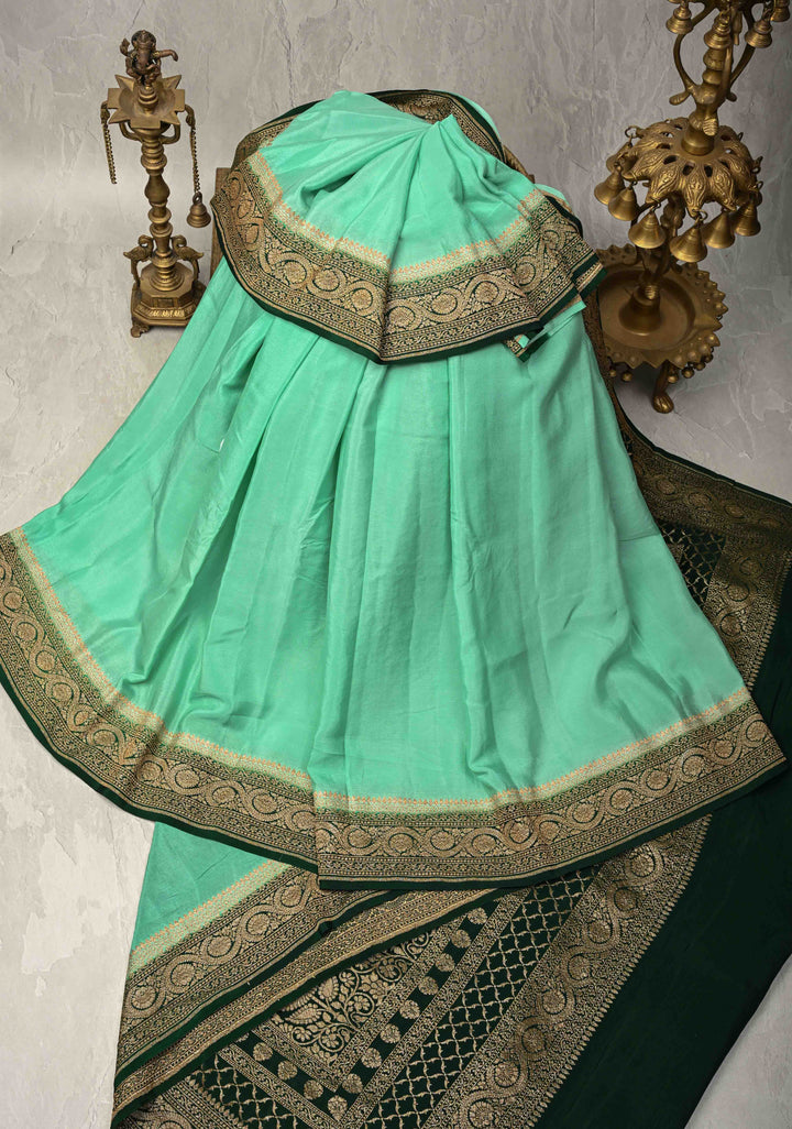Mint Green Mysore Crepe Silk Saree with Koniya Motifs and Contrast Zari Border | SILK MARK CERTIFIED