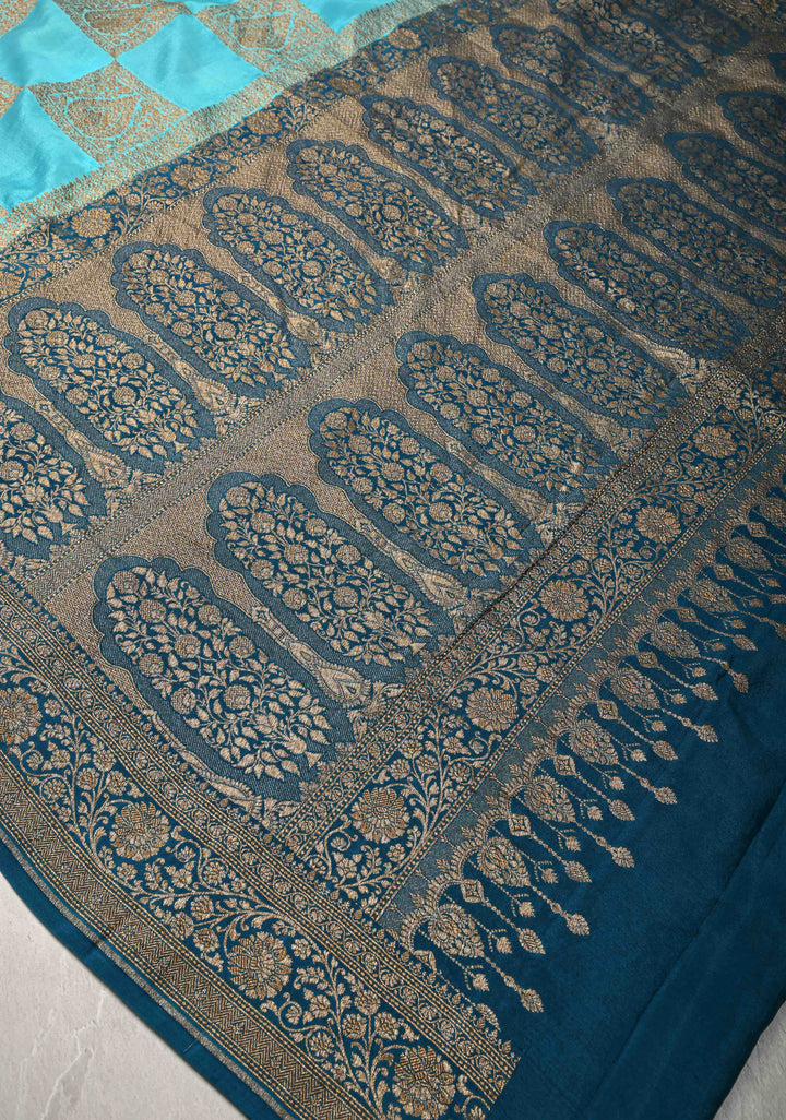 Ananda Blue Banarasi Georgette Silk Saree with Gharchola Pattern and Zari Border | SILK MARK CERTIFIED