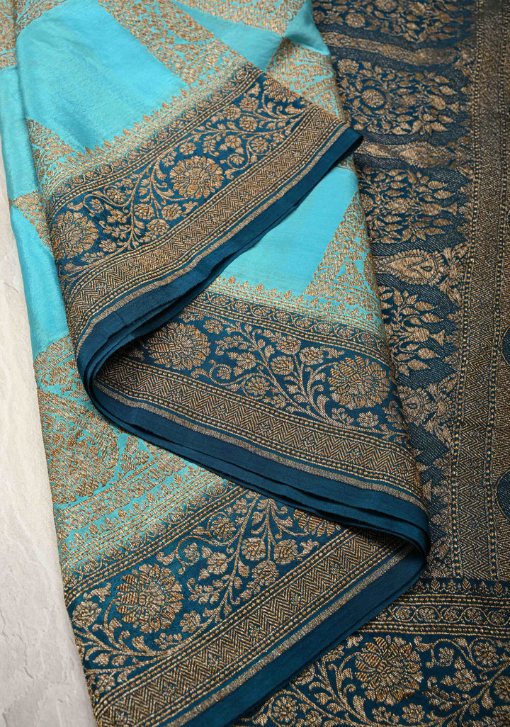 Ananda Blue Banarasi Georgette Silk Saree with Gharchola Pattern and Zari Border | SILK MARK CERTIFIED