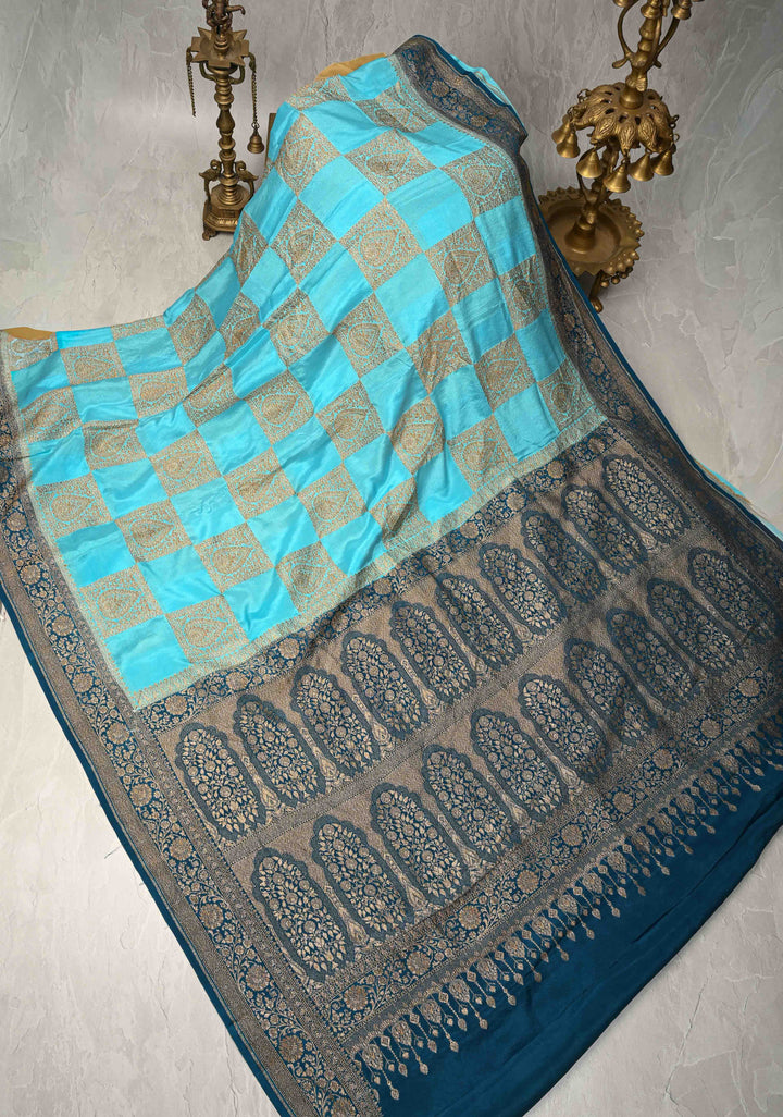 Ananda Blue Banarasi Georgette Silk Saree with Gharchola Pattern and Zari Border | SILK MARK CERTIFIED