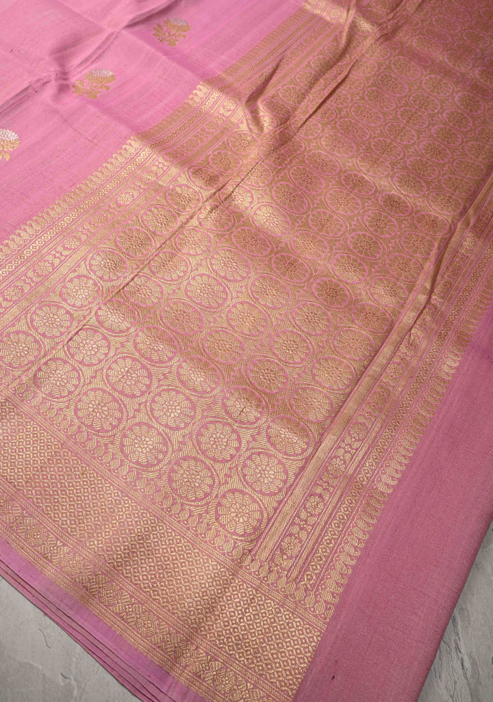 Rose Pink Banarasi Tussar Georgette Saree with Meenakari Floral Buttas and Zari Border | SILK MARK CERTIFIED