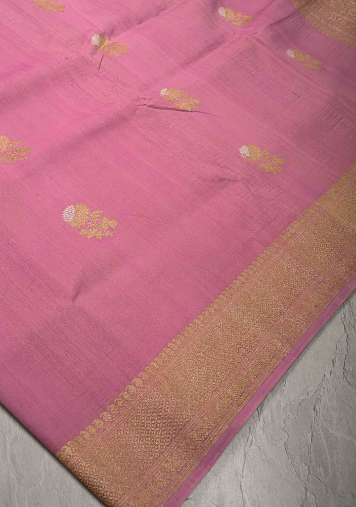 Rose Pink Banarasi Tussar Georgette Saree with Meenakari Floral Buttas and Zari Border | SILK MARK CERTIFIED