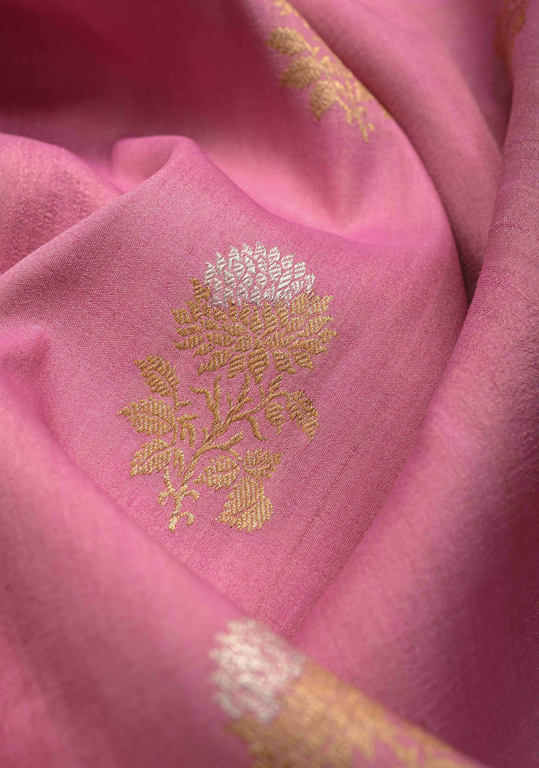 Rose Pink Banarasi Tussar Georgette Saree with Meenakari Floral Buttas and Zari Border | SILK MARK CERTIFIED